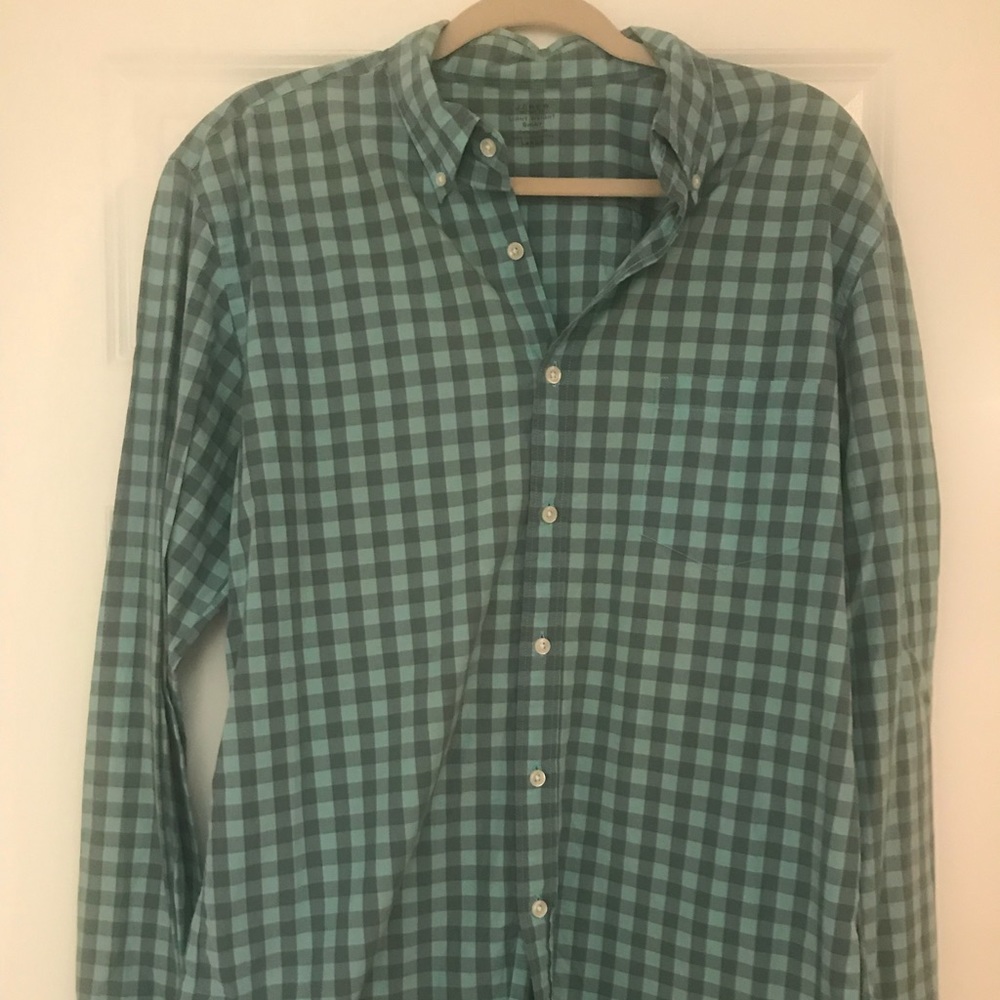 J.Crew teal gingham button down shirt.